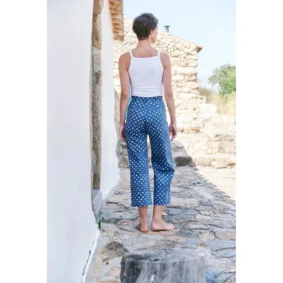 NWT SZ Blockprints Hand Block-Printed Disco Pants in Blue Polka Dots Canvas L - Picture 9 of 11